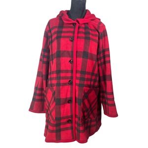 Susan Graver Weekend Red Black Plaid Reversible Fleece Hooded Jacket Womens XL